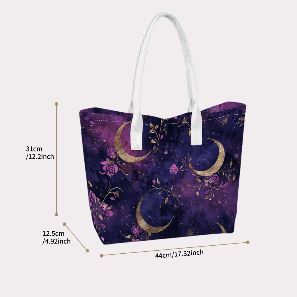 Purple Moon Floral Print Tote Bag for Women Fashion Casual Daily Use Large Capacity Portable Shopping Shoulder Bag
