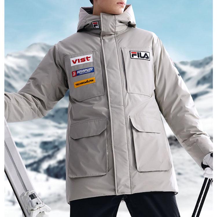 Fila Athletics Series Solid Color Logo Label Sports Warm Mid-Length Down Jacket Men Outerwear Classic-Gray A11M246910F-GY
