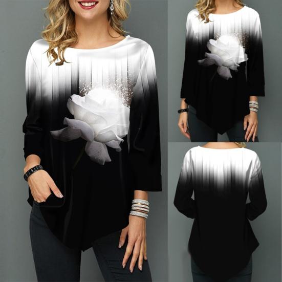 Women Autumn Gradual Floral Print O Neck Long Sleeve Asymmetric T-Shirt Blouse