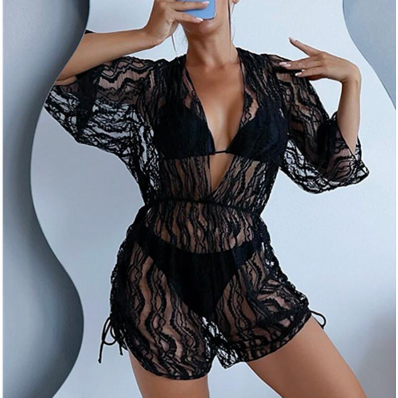 Long Sleeve Mesh Waist Swimsuit High Waist Printed Drawstring Three-piece Bikini