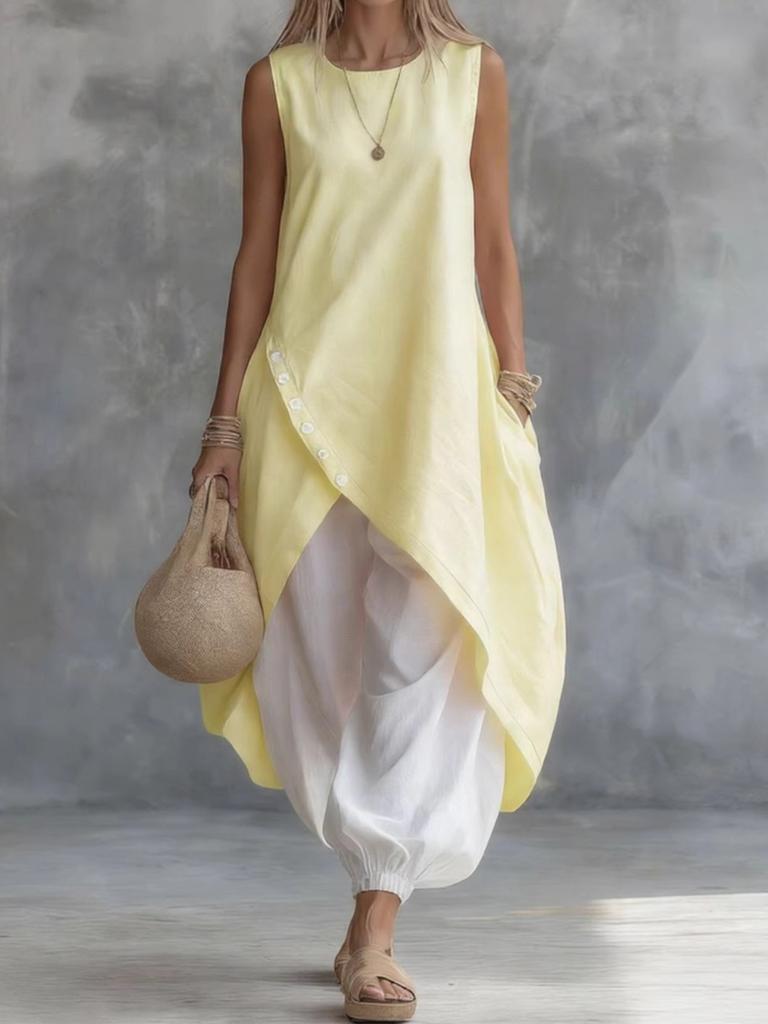 New Solid Color Sleeveless Loose Pocket Midi Dress Set
