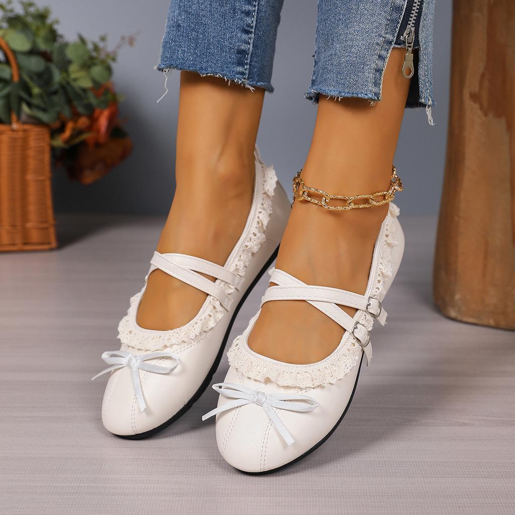 Girls Mary Jane Flats Double Buckle Straps Lace Trim Ballet Shoes Soft Sole Casual Slip On Footwear for Kids