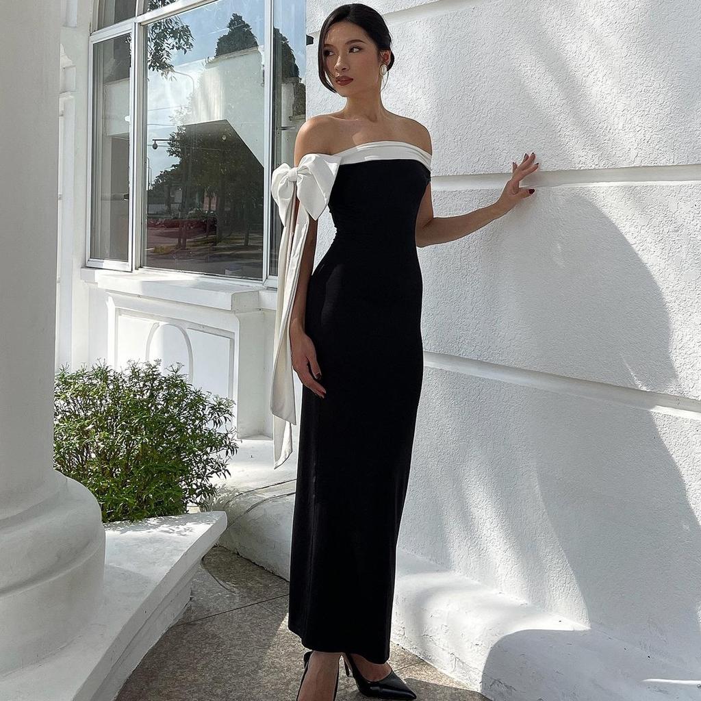 Women's Off-The-Shoulder Ribbon Sleeveless Slim Fit Dress - Spring/Summer 2025 Collection