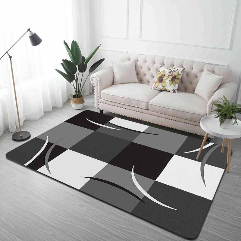 Tappeto Geometrico Stampato in Flanella Design Moderno Minimalista Nero Bianco Grigio Tappetino per Pavimento Soggiorno Morbido Antiscivolo Decorazione Casa Tappeto