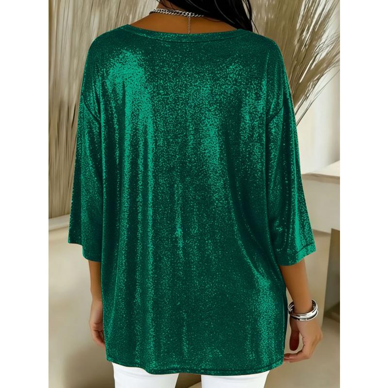 Women's Large Size T-shirt Spring and Summer Seven Quarter Sleeve Shiny Loose Casual Female T-shirt Fashion V-neck Solid Color Office Ladies Tee Tops