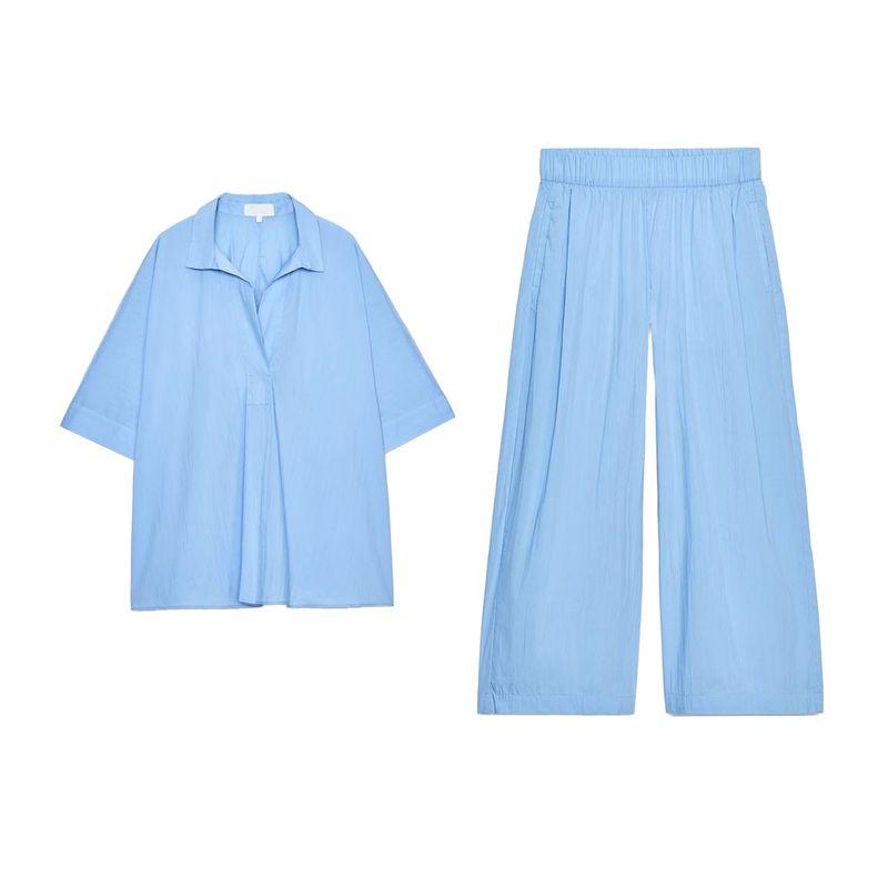 Cotton Blend Loose V Neck Short Sleeve Shirt 5344118 High Waist Poplin Pleated Casual Pants 2731249