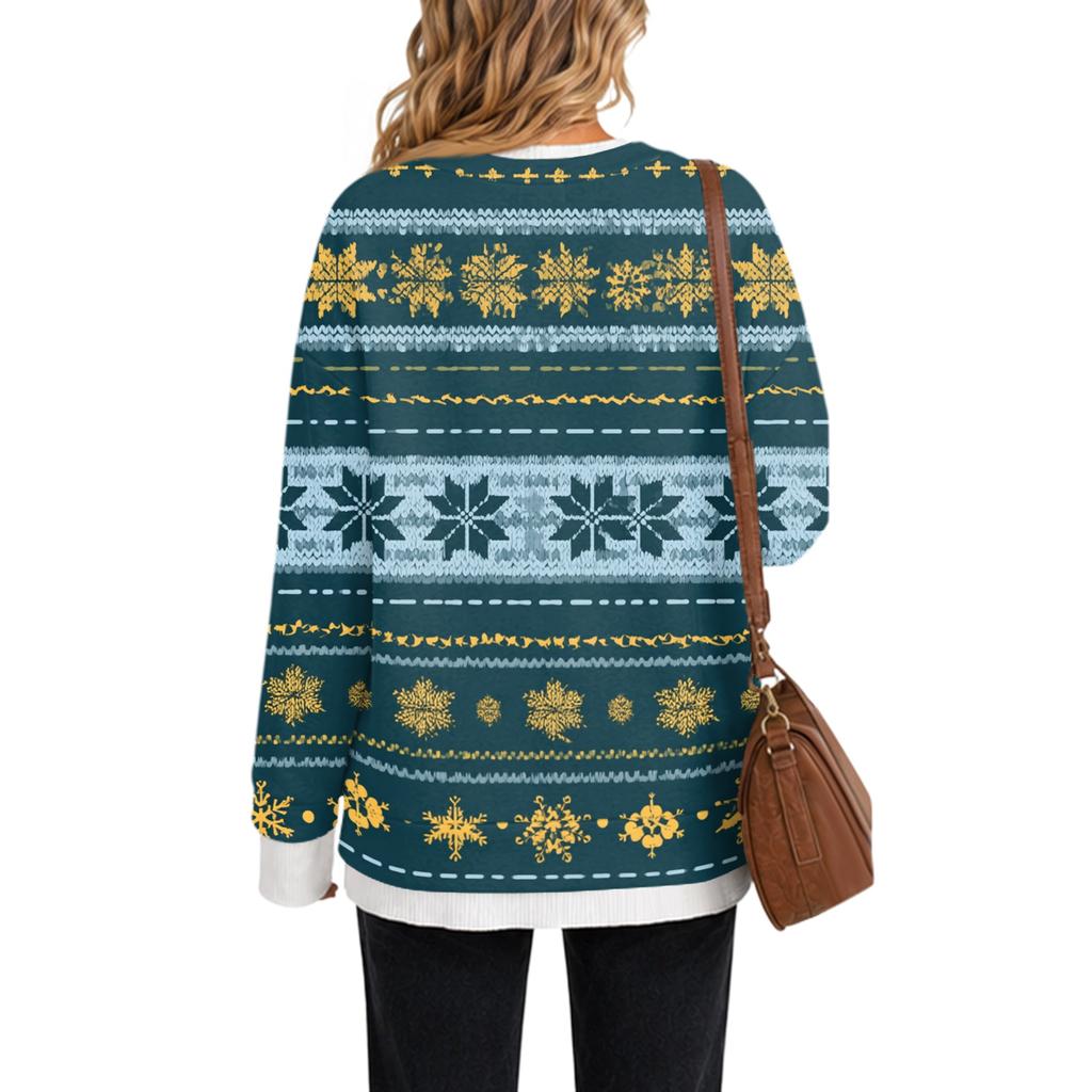 Women's Casual Christmas Print Long Sleeve Neck Pullover Top with Design