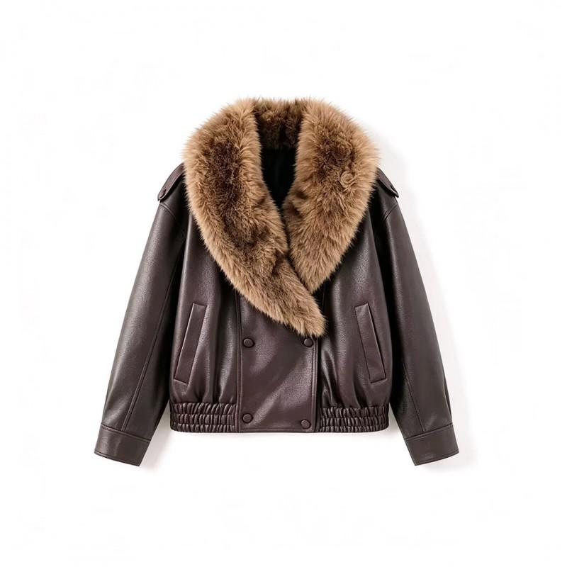 Womens Faux Leather Biker Jacket With Removable Fur Collar Streetwear Chic Outerwear