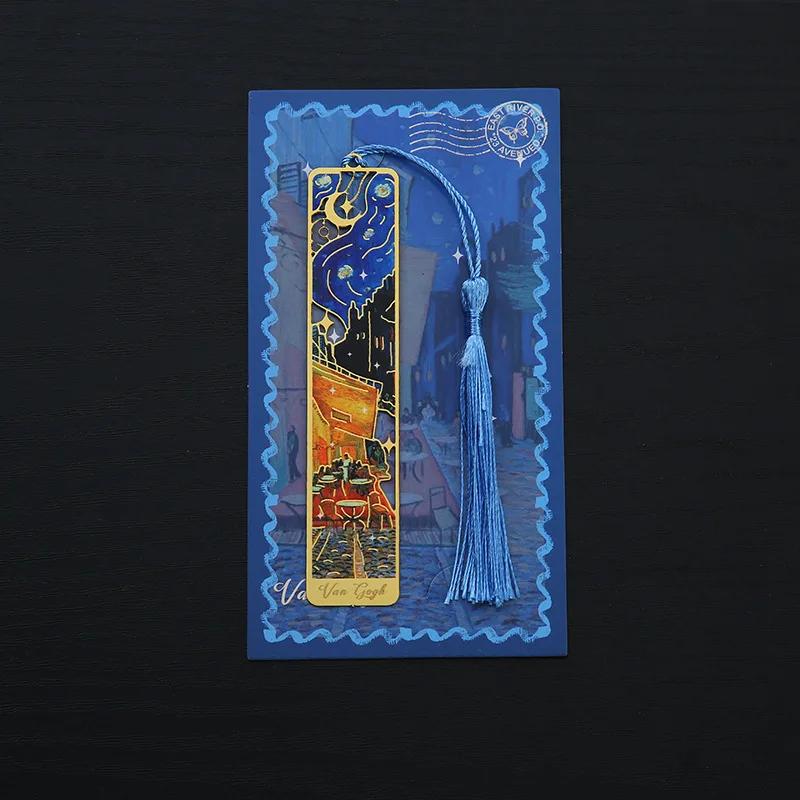 Hollow Metal Bookmark Oil Painting Style Rectangular Book Marks Exquisite Landscape Flower Reading Stationery School Supplies