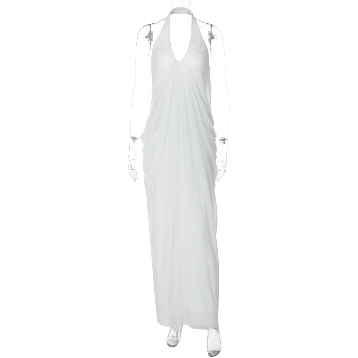 European and American women s clothing 2026 summer new sexy loose backless sleeveless V-neck pleated long neck mesh dress S белый