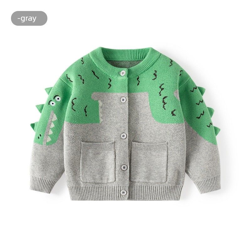 Children's Clothing Boys' round Neck Little Dinosaur Knitwear Baby Boy Sweater Cardigan Spring and Autumn Kids Sweater Coat