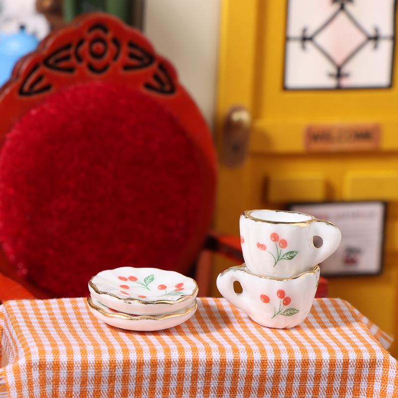 1Set/2Pcs 1:12 Dollhouse Miniature Cherry Ceramic Cup Saucer Kitchen Tableware Model Decor Toy Doll House Accessories