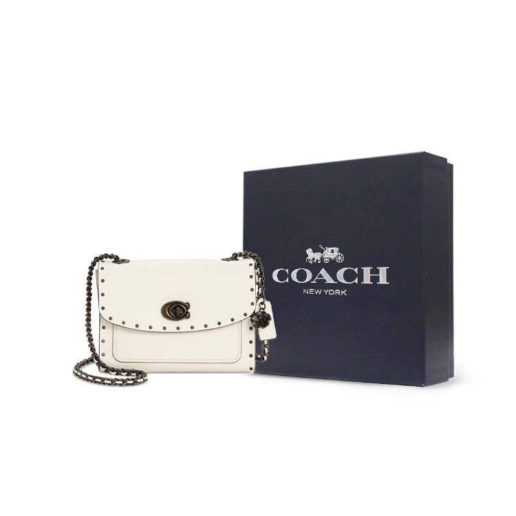 Coach Parker 18 Sweet Cool Style Turn Lock Logo Leather Studded Crossbody Shoulder Bag Small Women shoulder bag White 29389-BPCHK