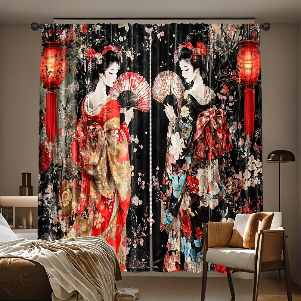 2pcs Oriental Geisha Print Curta Red Lantern Cherry Blossom Design Traditional Japanese Style Polyester Window Drapes