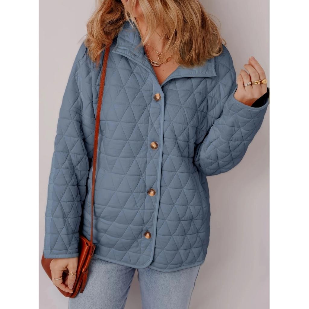 Fall Winter New Women's Loose Solid Color Quilted Crew Neck Cotton Padded Jacket European American Style Casual Outerwear Wholesale