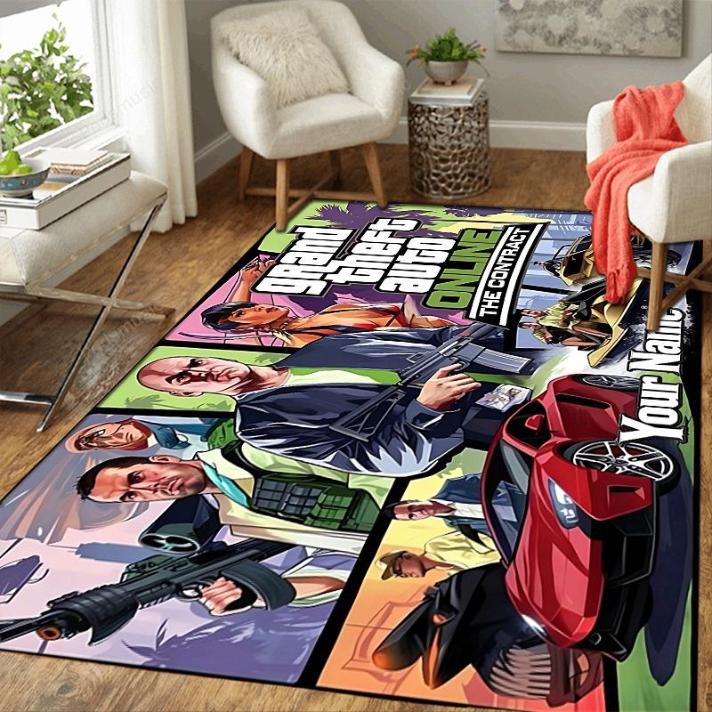 Custom 1Pc Grand Theft Auto Promotional Art Flannel Personalized Rug Non Slip Floor Mat Soft Carpet for Living Bedroom Office Home Decor Gift