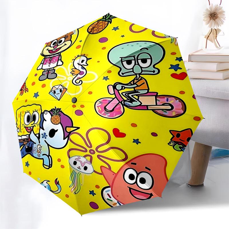 1pc SpongeBob SquarePants Automatic Opening Umbrella with Tokidoki Characters, Portable 3-Fold Design, 8-Bone Iron Frame, Outdoor for Fans, Travelers,
