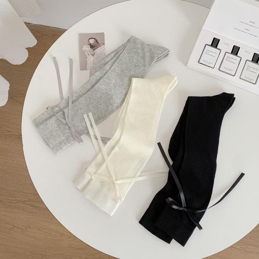 Ribbon Bow Socks Thin Calf Socks White Ballet Style Pile Socks Trendy Socks