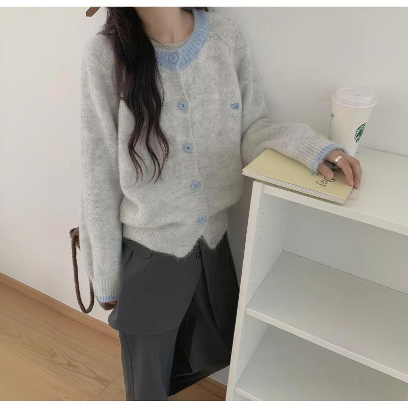 Egg Korean version of premium soft waxy camel wool color splicing knitted cardigan women's outer with round neck long-sleeved cardigan sweater