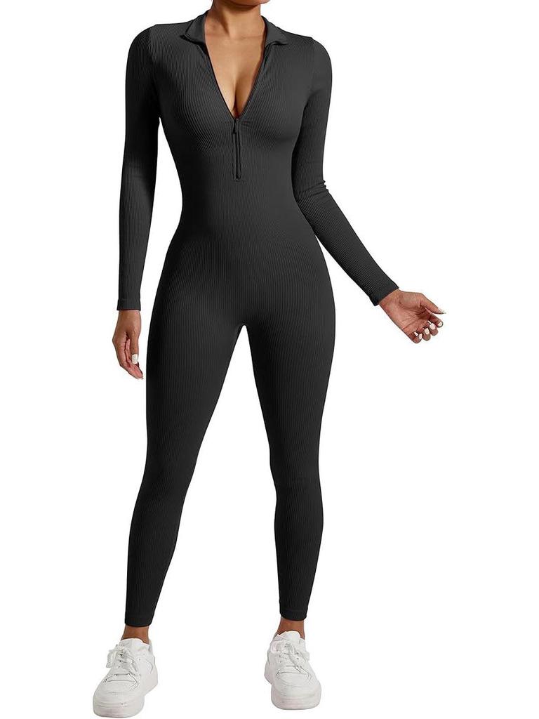 Seamless Long-Sleeve Zip Jumpsuit: Slim-Fit Yoga & Sportswear