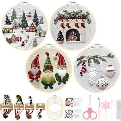 A96K-Christmas Embroidery Kit-Cotton, Gnomes& Crossstitch Pattern- For Adults& Beginners Includes Threads, Needles(4 Pcs)