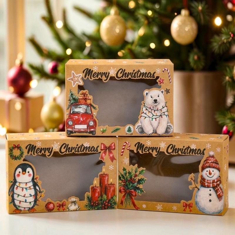 Christmas Cookie Boxes Doughnut Gift Boxes Bakery Box With Clear Window,Green And Red Holiday Designs With Xmas Ribbons For Gift