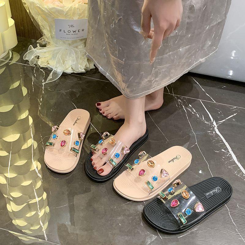 Versatile fashion women transparent Internet celebrity thick bottom cool slippers Internet celebrity rhinestone slippers wear 2025 summer and autumn 