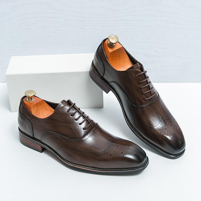 

Cheap men s leather shoes pointed British style derby shoes casual three joint business dress groom wedding shoes 8174 46 коричневый