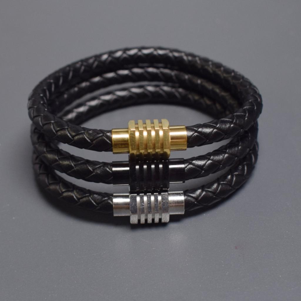 Korean Style Geometric Hexagonal Stainless Steel Magnetic Buckle Men Handmade Woven Leather Rope Bracelet Luxury Jewelry