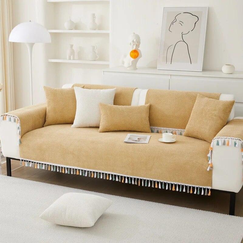 Corduroy Tassels Sofa Cushion Modern Simple High-end Non-slip Sofa Cushion Solid Color Soft Four Seasons Universal Couch Cover
