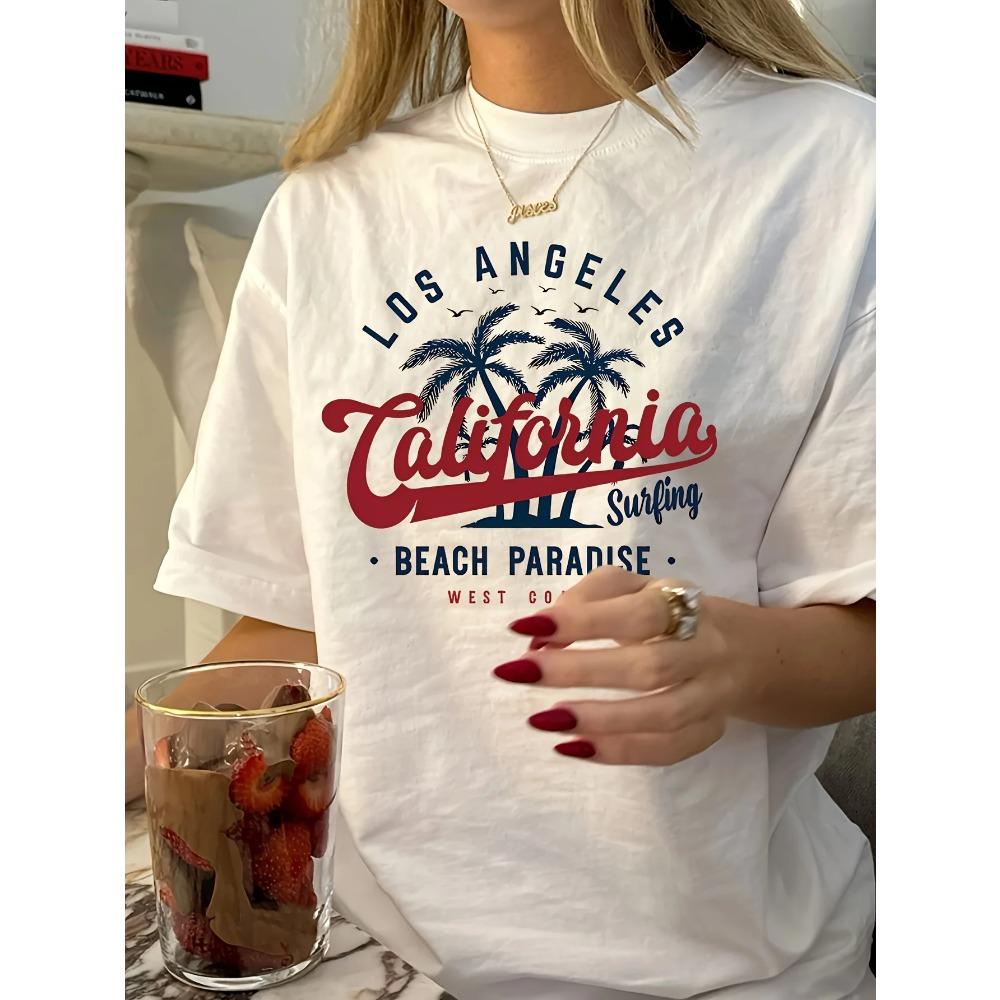 Женская футболка Лос-Анджелес Калифорния Серфинг - Ретро Пляжная Графика, Повседневный Летний Топ S