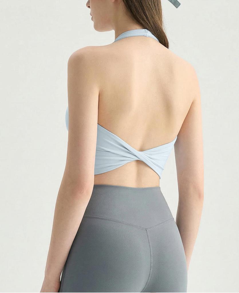 Women's Twisted Back Halter Yoga Tank With Built-in Bra Pads, Slimming Cropped Top for Pilates & Fitness
