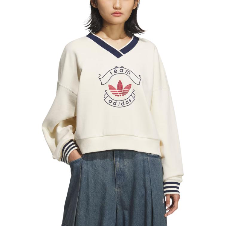 Adidas Originals FW25 Team Sweatcrew Loose Fit V-Neck Pullover Sweatshirt Women Sweatshirt KC5845