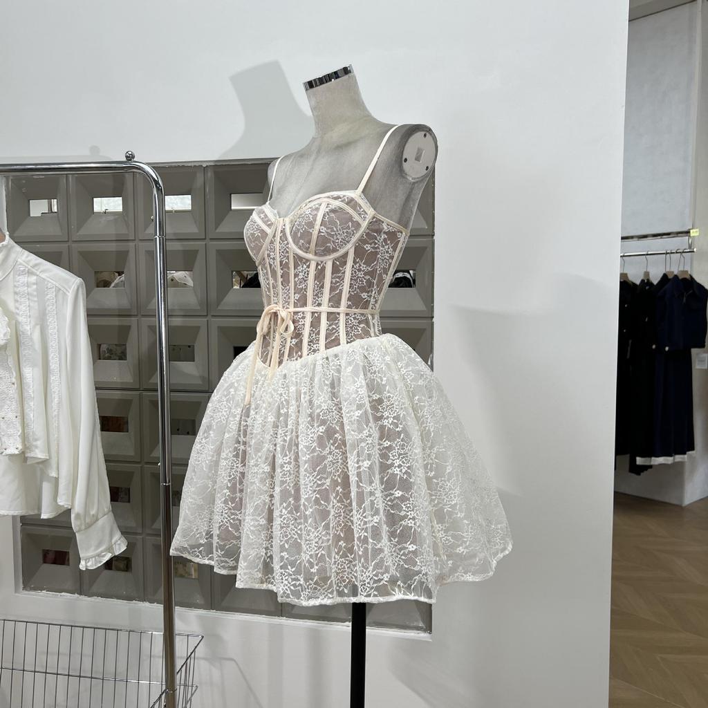 Sweet & Spicy Lace Waist-Cinched Puffy Strap Mini Dress for Parties - Autumn/Summer