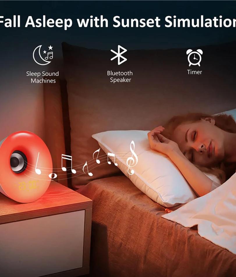Relógio com alto-falante Bluetooth, despertador com luz de despertar e simulação de nascer do sol e pôr do sol, luz noturna colorida, tocador de música