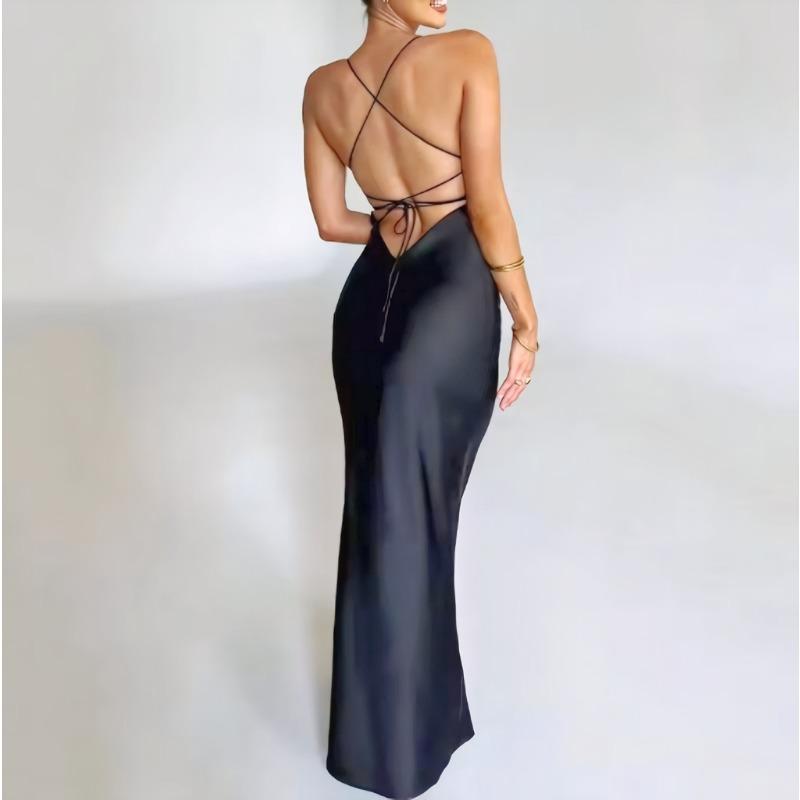 Elegant Women Satin Spaghetti Strap Maxi Dress V Neck Bodycon Sleeveless Backless Bandage Dress Formal Evening Party Gown for Women