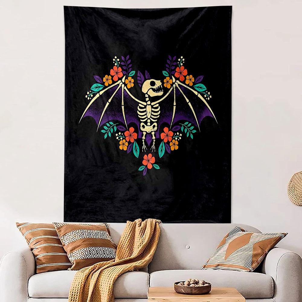 Skeleton Bat with Floral Wings Design Patterned Tapestry Decorative Wall Hanging, Home Bedroom Living Room Decor
