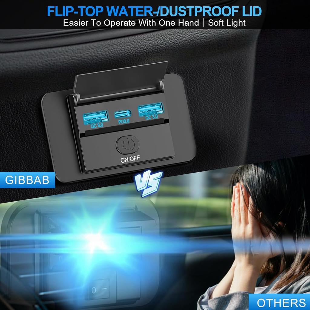 2PCS 3 Ports 12V RV USB Outlet 72W, Gibbab Dual USB QC3.0 36W & PD3.0 Type-C Quick Charge 36W Panel Wall Mount, Automotive Car Socket Charger Adapter