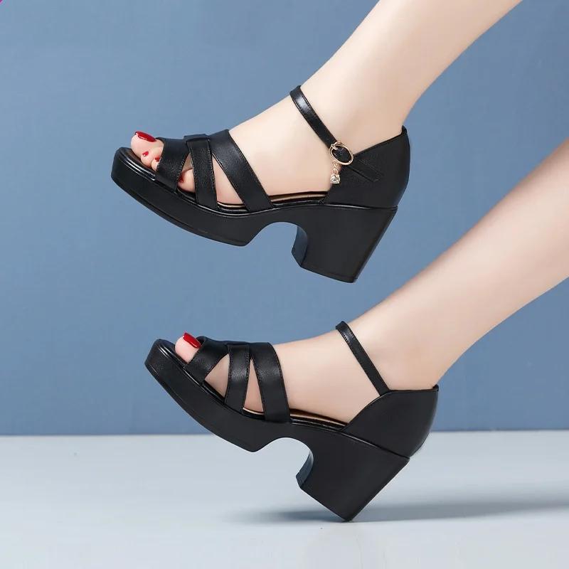 7cm 9cm Comfortable Quality Genuine Leather Sandals Women Summer 2025 Block High Heels Sandals Platform Shoes Office Mom Model