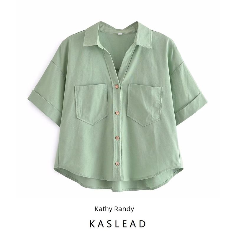 Kaslead New Arrival Women's Fashion Style Double Pocket Decorative Curling Cuff Loose Slim Looking Short Sleeve Shirt