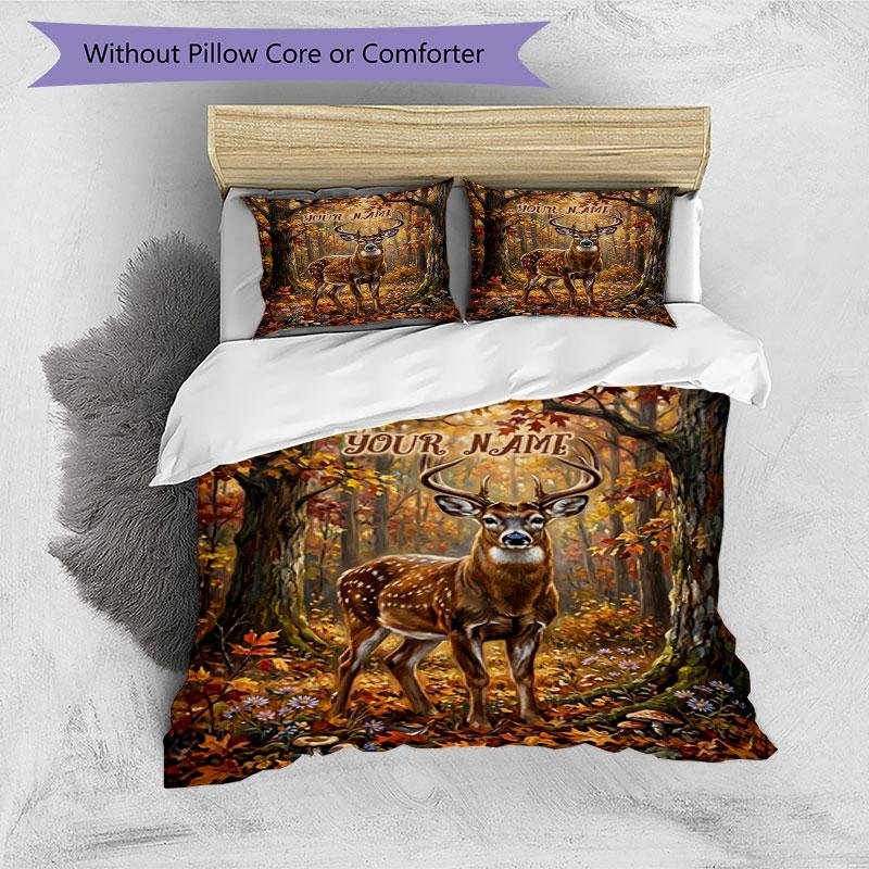 3PC Custom Name Autumn Forest Deer Majesty Bedding Set Duvet Cover Closure Includes 1 Duvet Cover & 2 Pillowcases for Bedroom