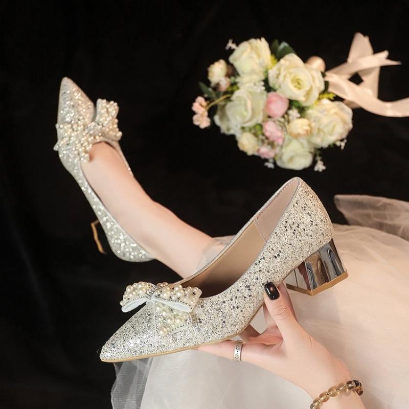 High Heels,Thick Heels, Wedding Shoes, Women's Bow, Bridal Shoes, Xiuhe Wedding Dress, Two Pairs of Crystal French Women's Shoes