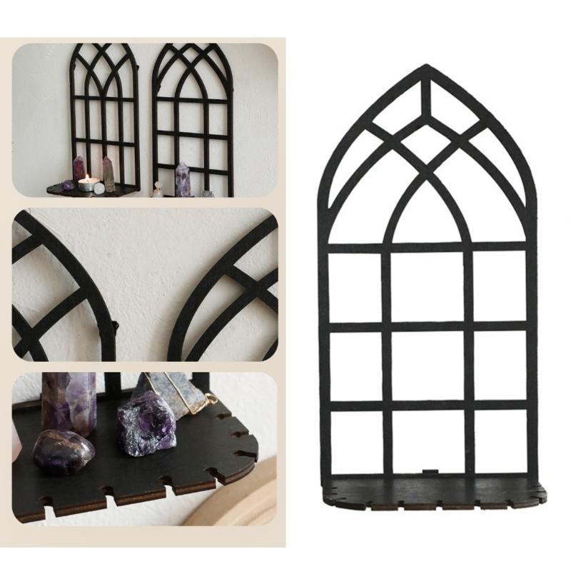 Gotisches hohles Holzschweberegal Vintage-Fensterrahmen Wandmontiertes Lagerregal für Kristalle Pflanzenhalter Heimdekorationen