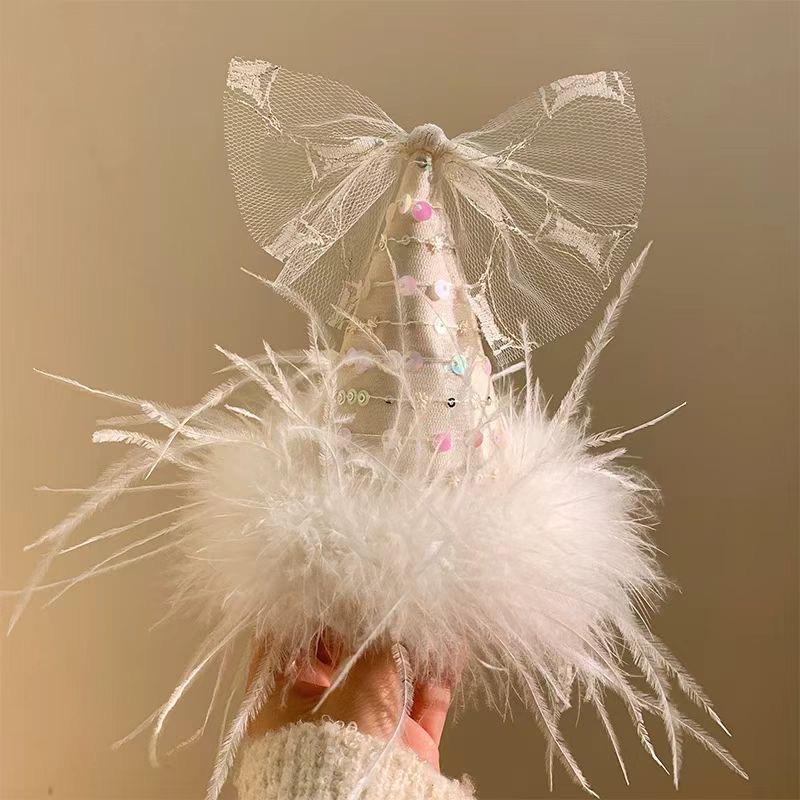 Princess Party Birthday Hat Feather Bow Hair Clip for Women - Photo Prop Headwear