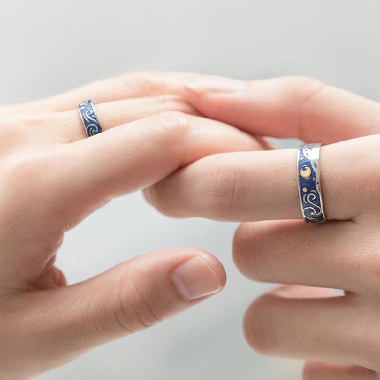 Van Gogh Starry for Sky Ring Open Lover Couple Ring Adjustable Finger Ring for A