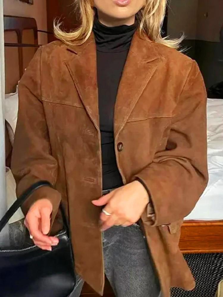 Retro Bruine Losse Zak Lange Mouw Damespak Jasje - Europese & Amerikaanse Stijl