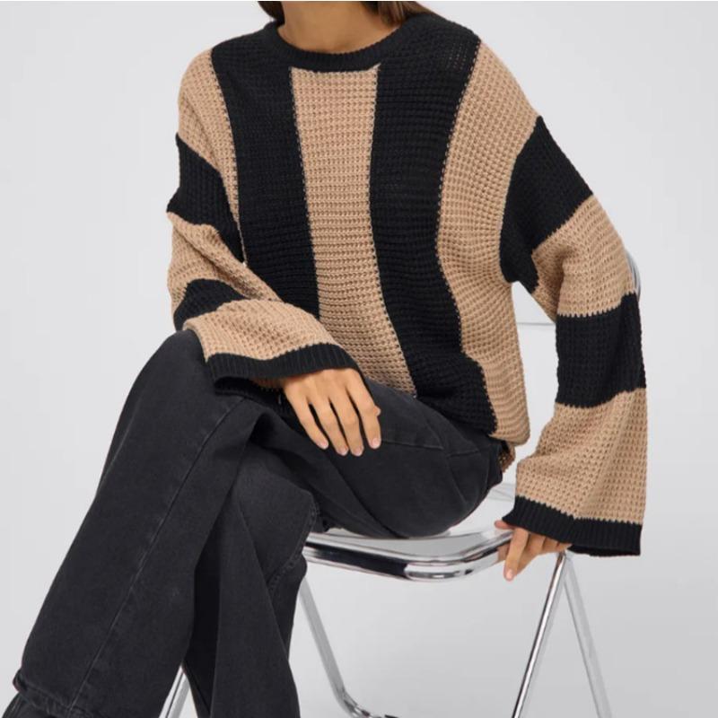 Crew Neck Striped Women's Long Sleeve Autumn Bottom Shirt Top Sweater Contrast Color Simple Wind Knitted Sweater Women's Loose