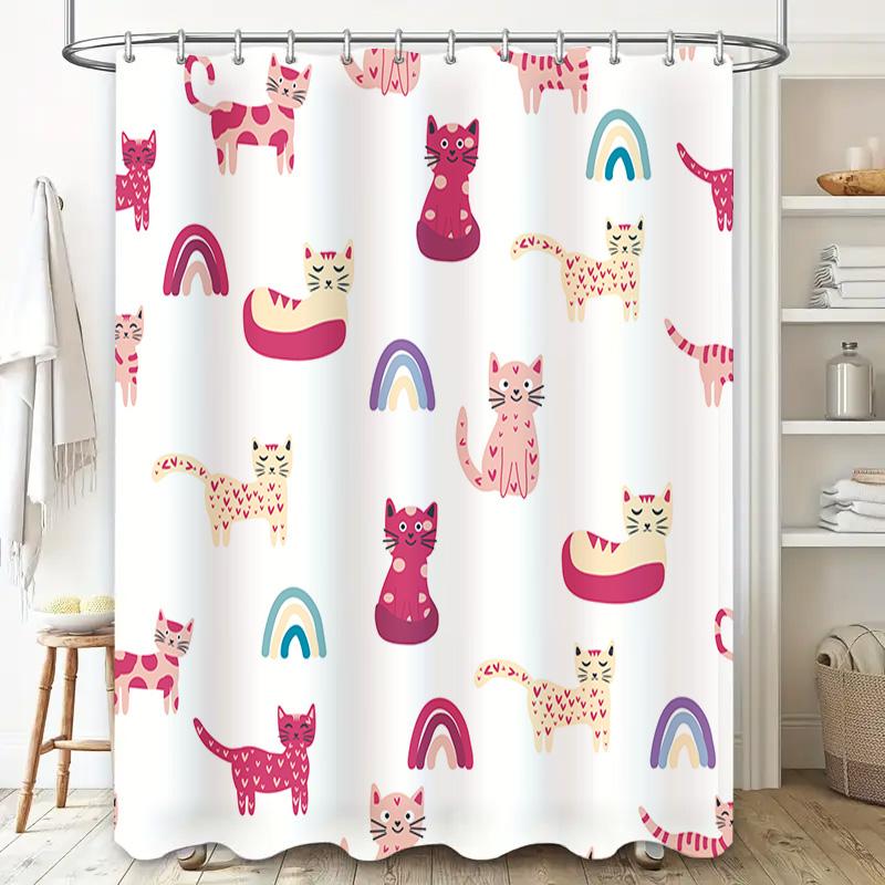 Cute Cat Print Shower Curtain Fabric Decor Pink Rainbow Flowers Pets Cartoon Bathroom Liner Home Accessories 3D Printed Plastic