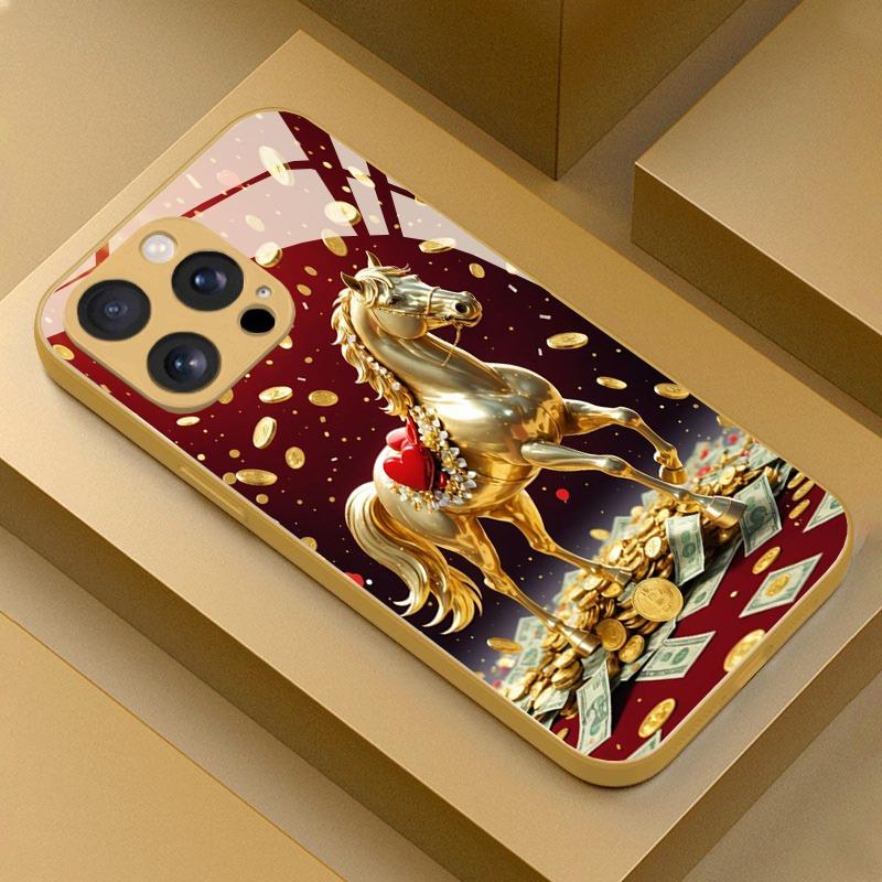 

Чехол для телефона из стекла с узором из золотых монет Золотая Лошадь , золотистая металлическая краска, для iPhone 17 Pro Max 11 12 13 14 15 16 Plus 17 Air 16E iPhone 14 Pro