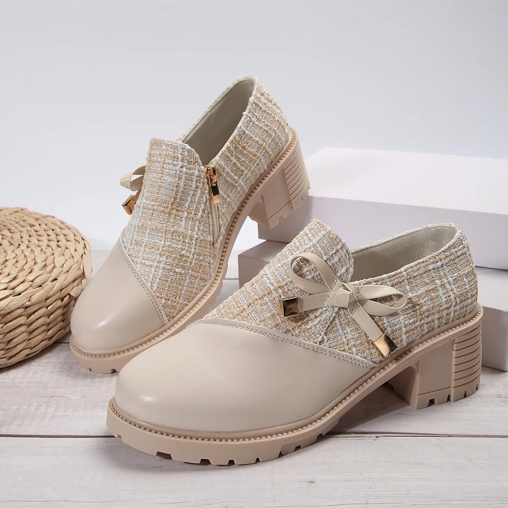 Fashion Comemore Women's Elegant Colorblock Pumps 2025 Spring New Thick Heel Ladies Single Shoes Round Toe Bowknot Decor Heels for Women